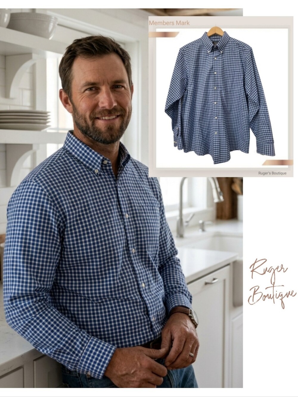 🌿Members Mark Mens Large Blue Checkered Longsleeve Starched Button Down Shirt